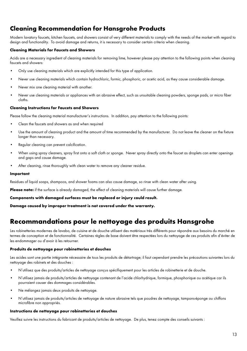 Cleaning recommendation for hansgrohe products | Factory Direct Hardware Hansgrohe 11422 Axor Urquiola User Manual | Page 13 / 16