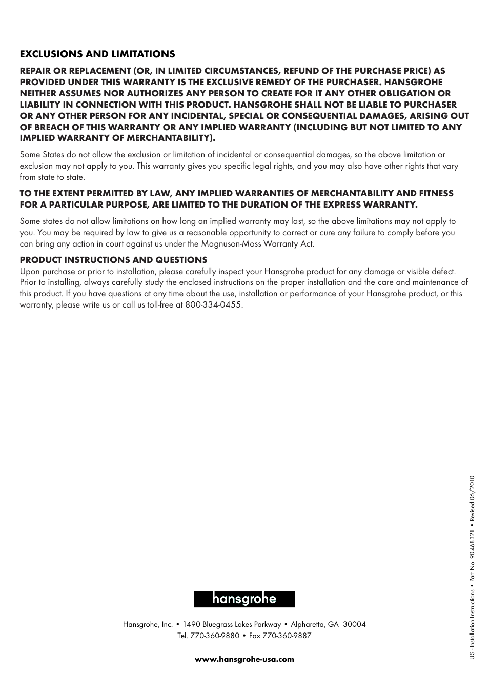 Exclusions and limitations | Factory Direct Hardware Hansgrohe 11422 Axor Urquiola User Manual | Page 16 / 16
