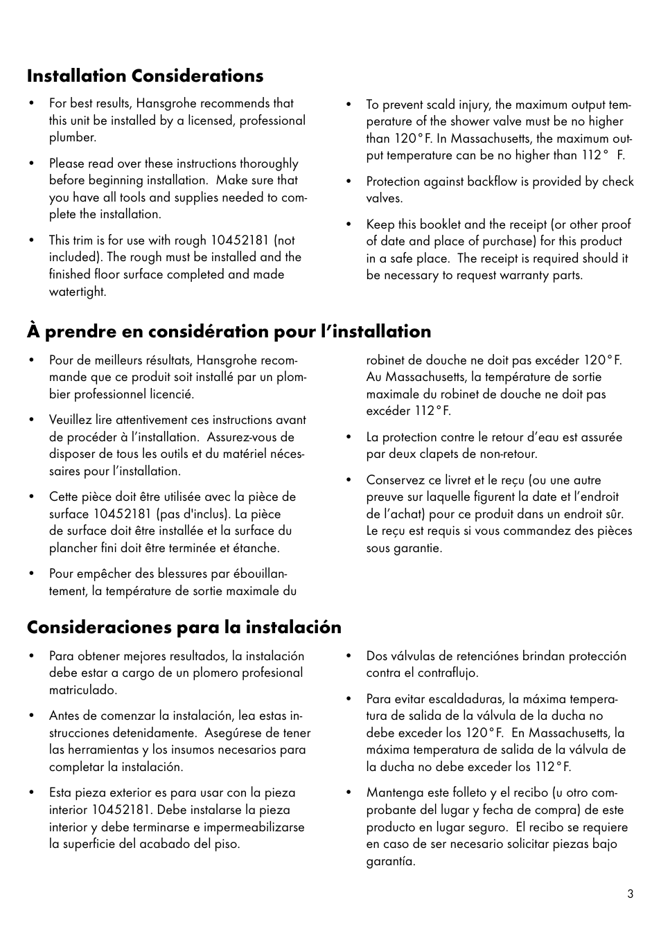 Consideraciones para la instalación, À prendre en considération pour l’installation, Installation considerations | Factory Direct Hardware Hansgrohe 11422 Axor Urquiola User Manual | Page 3 / 16