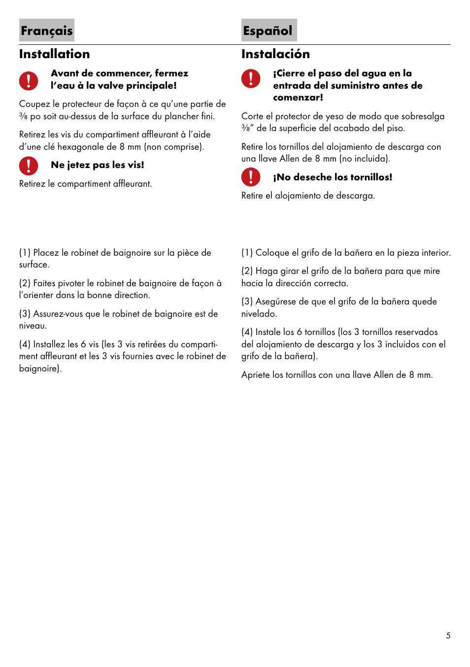 Français español installation, Instalación | Factory Direct Hardware Hansgrohe 11422 Axor Urquiola User Manual | Page 5 / 16