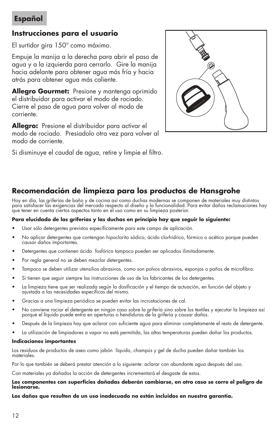 Español instrucciones para el usuario | Factory Direct Hardware Hansgrohe 04066LF Allegro E User Manual | Page 12 / 16