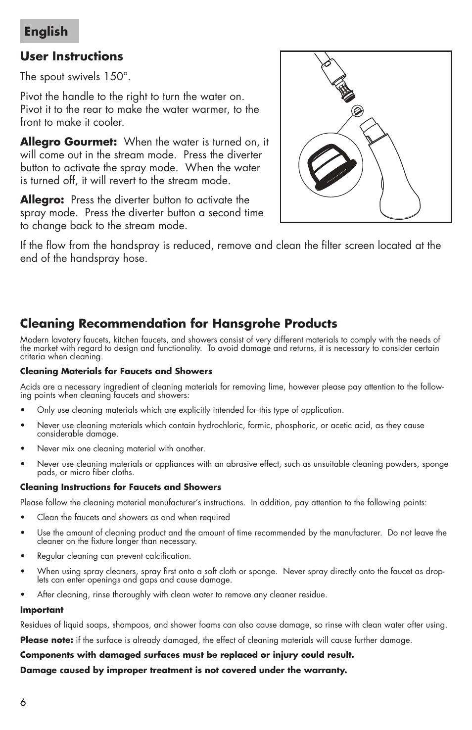 English, User instructions, Cleaning recommendation for hansgrohe products | Factory Direct Hardware Hansgrohe 04066LF Allegro E User Manual | Page 6 / 16