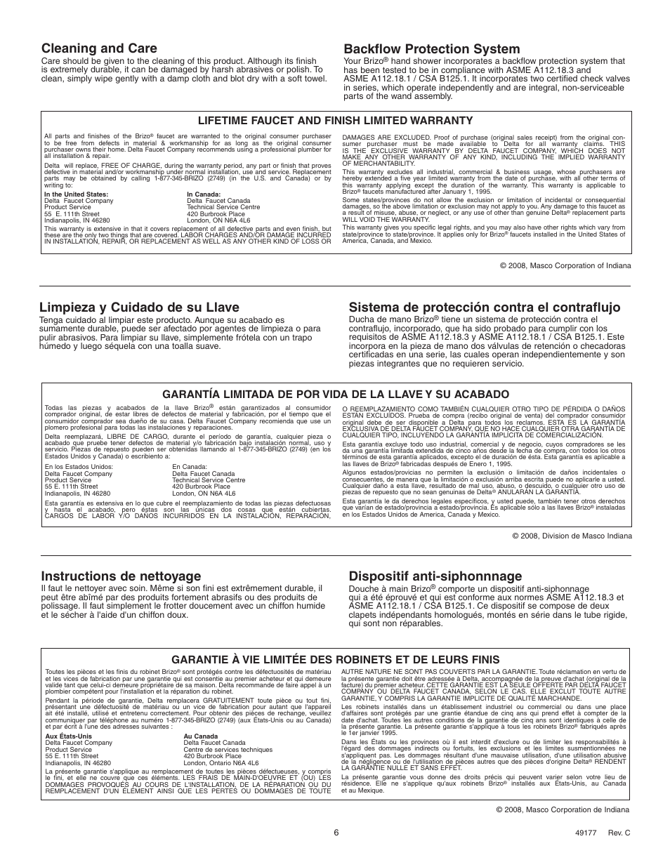 Cleaning and care, Instructions de nettoyage, Limpieza y cuidado de su llave | Backflow protection system, Sistema de protección contra el contraflujo, Dispositif anti-siphonnnage, Lifetime faucet and finish limited warranty | Factory Direct Hardware Brizo 89710 RSVP User Manual | Page 2 / 6