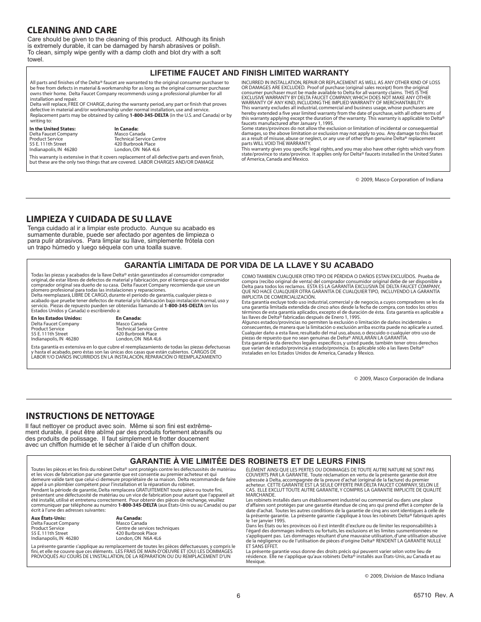 Cleaning and care, Instructions de nettoyage, Limpieza y cuidada de su llave | Lifetime faucet and finish limited warranty | Factory Direct Hardware Delta 3586LF-MPU User Manual | Page 6 / 6