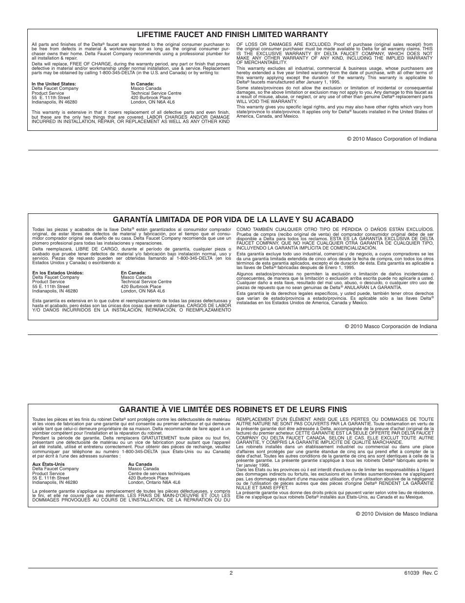 Lifetime faucet and finish limited warranty | Factory Direct Hardware Delta 792-DST User Manual | Page 2 / 12