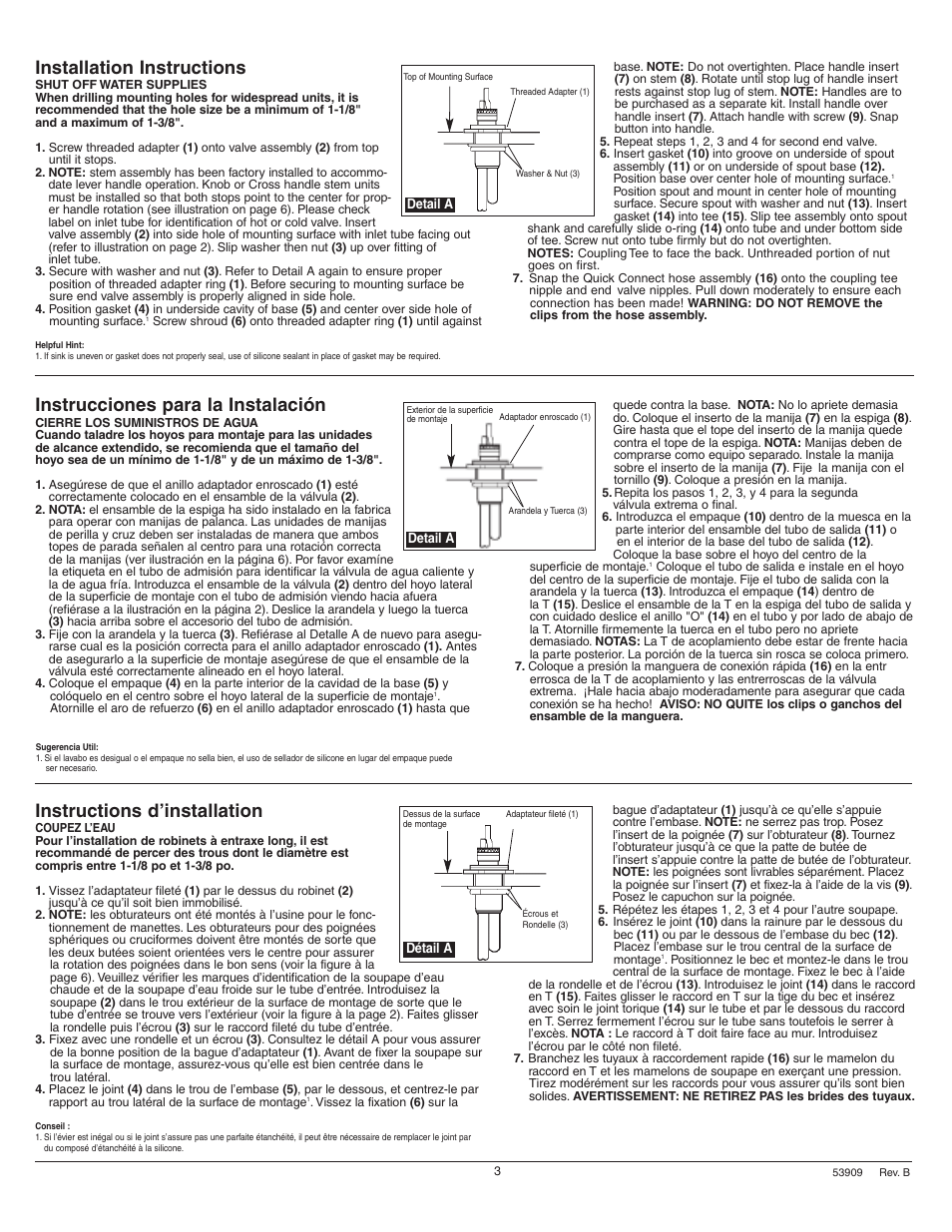 Instructions d’installation, Instrucciones para la instalación, Installation instructions | Factory Direct Hardware Brizo 6520-LHP User Manual | Page 3 / 6