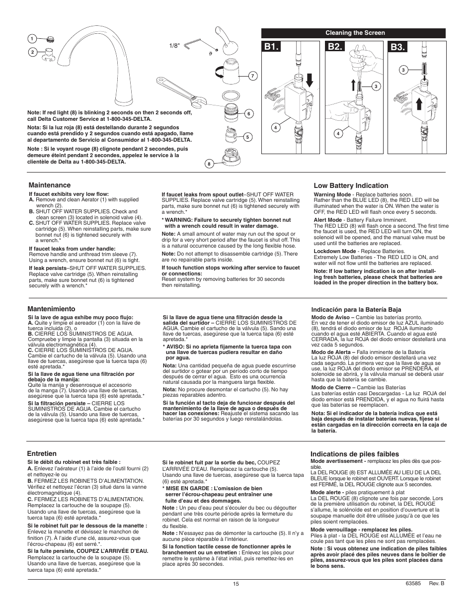 B2. b3, Maintenance low battery indication, Mantenimiento | Entretien indications de piles faibles | Factory Direct Hardware Delta 1980T Pilar User Manual | Page 15 / 16