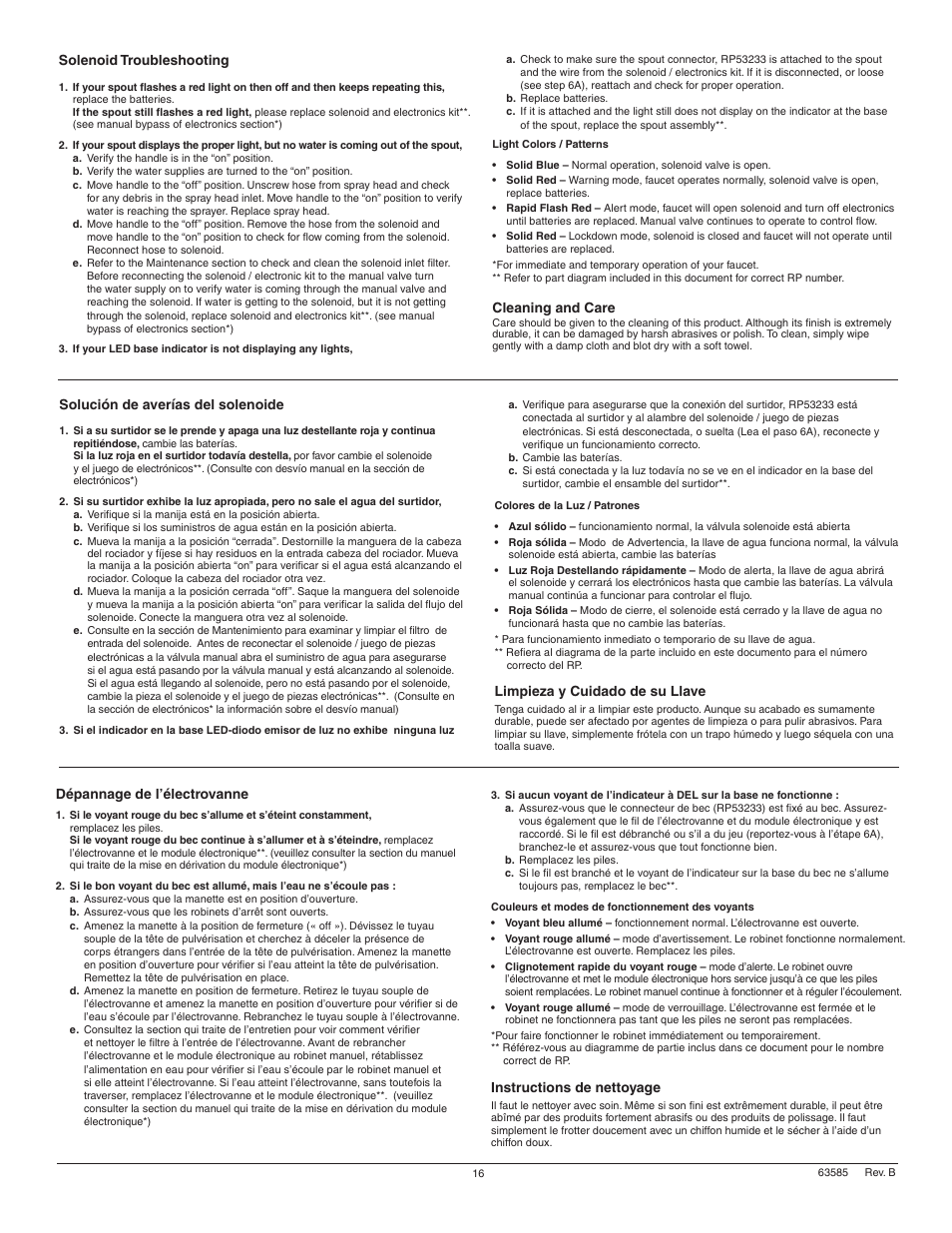 Solenoid troubleshooting, Cleaning and care, Solución de averías del solenoide | Limpieza y cuidado de su llave, Dépannage de l’électrovanne, Instructions de nettoyage | Factory Direct Hardware Delta 1980T Pilar User Manual | Page 16 / 16