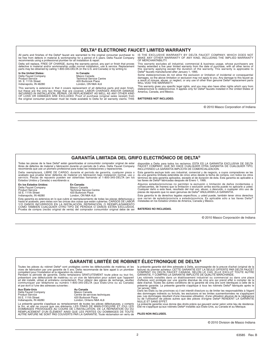 Delta, Electronic faucet limited warranty, Garantie limitée de robinet électronique de delta | Garantía limitada del grifo electrónico de delta | Factory Direct Hardware Delta 1980T Pilar User Manual | Page 2 / 16