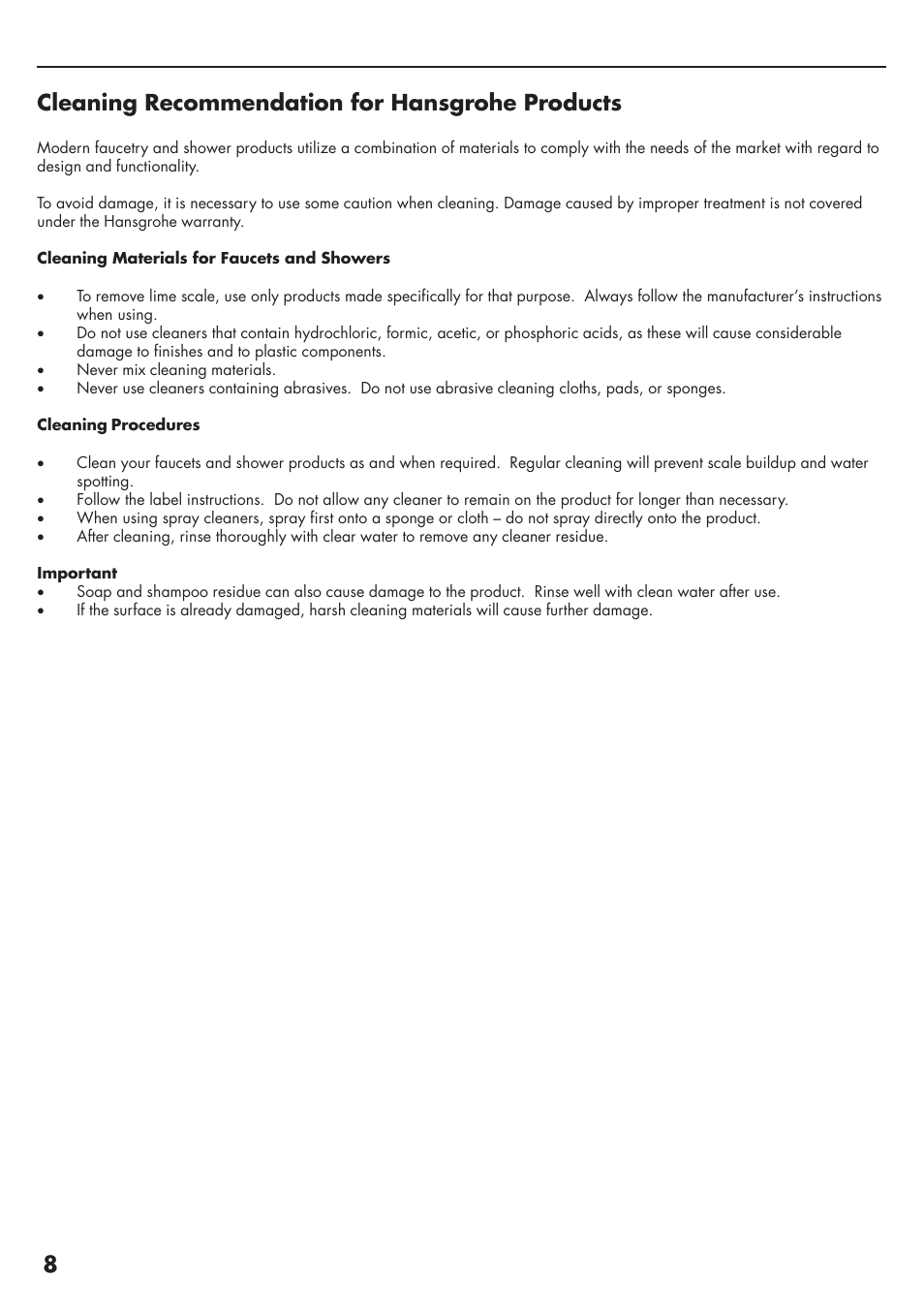 8cleaning recommendation for hansgrohe products | Factory Direct Hardware Hansgrohe 10133 User Manual | Page 8 / 12
