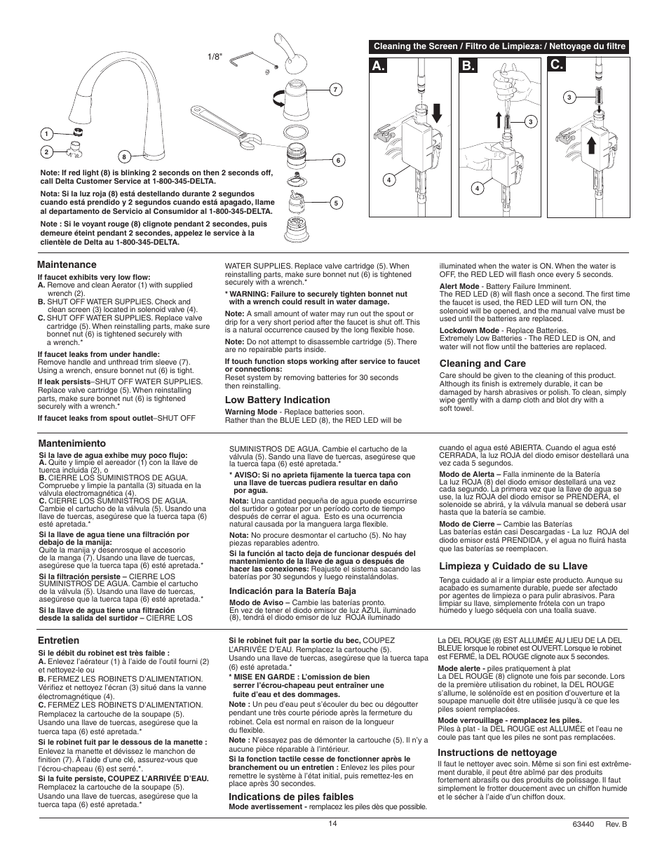 A. b. c, Low battery indication, Maintenance | Cleaning and care, Mantenimiento, Limpieza y cuidado de su llave, Indications de piles faibles, Entretien, Instructions de nettoyage | Factory Direct Hardware Delta 980T-SD-DST Pilar User Manual | Page 14 / 16