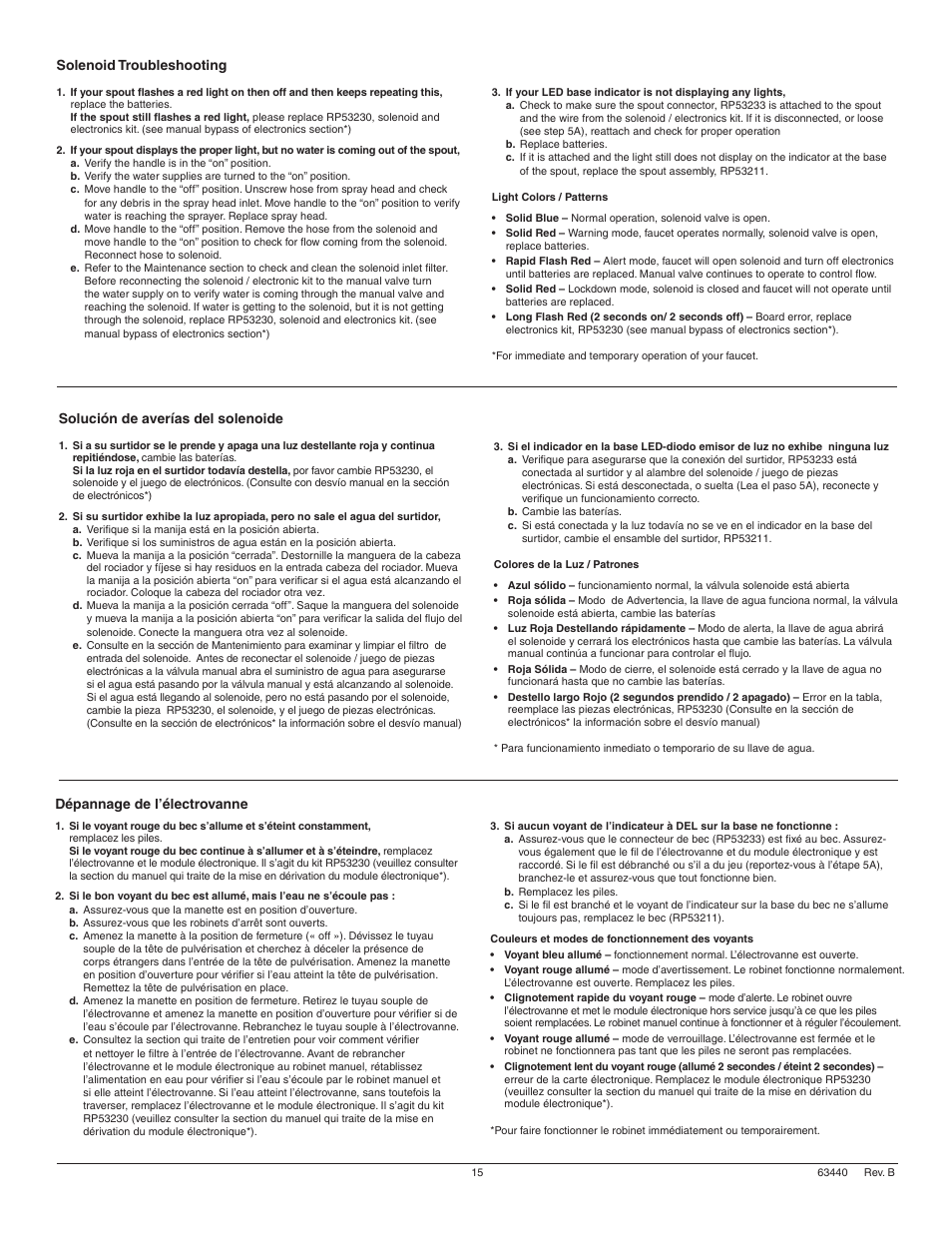 Solenoid troubleshooting, Solución de averías del solenoide, Dépannage de l’électrovanne | Factory Direct Hardware Delta 980T-SD-DST Pilar User Manual | Page 15 / 16