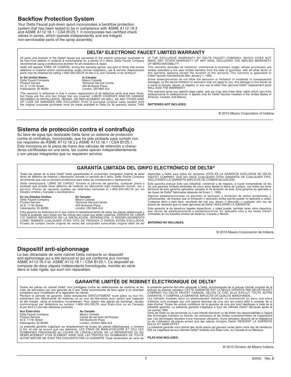 Backflow protection system, Sistema de protección contra el contraflujo, Dispositif anti-siphonnage | Delta, Electronic faucet limited warranty, Garantie limitée de robinet électronique de delta, Garantía limitada del grifo electrónico de delta | Factory Direct Hardware Delta 980T-SD-DST Pilar User Manual | Page 2 / 16