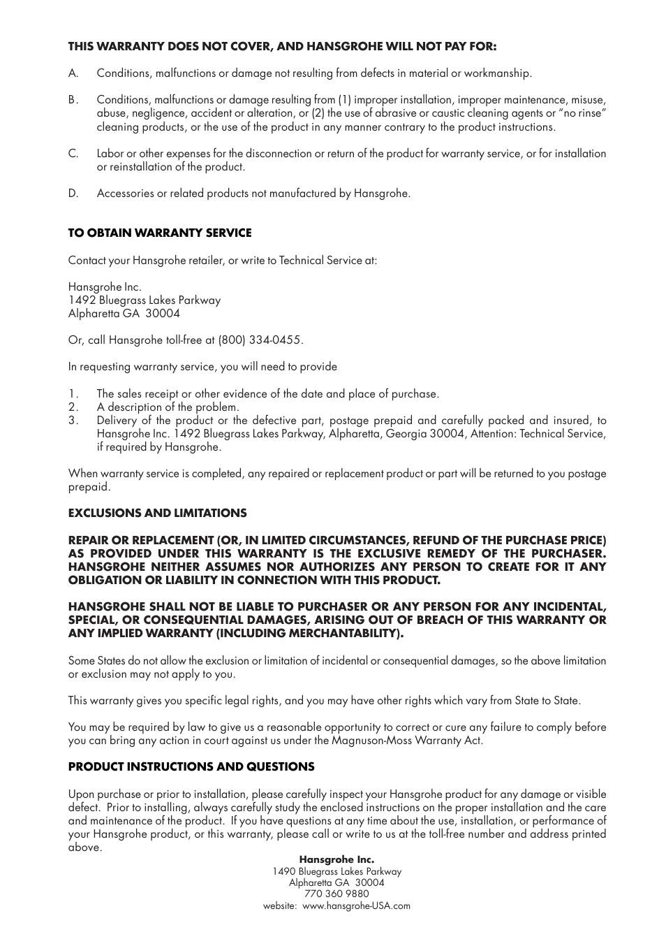 Factory Direct Hardware Hansgrohe 39143 User Manual | Page 8 / 8
