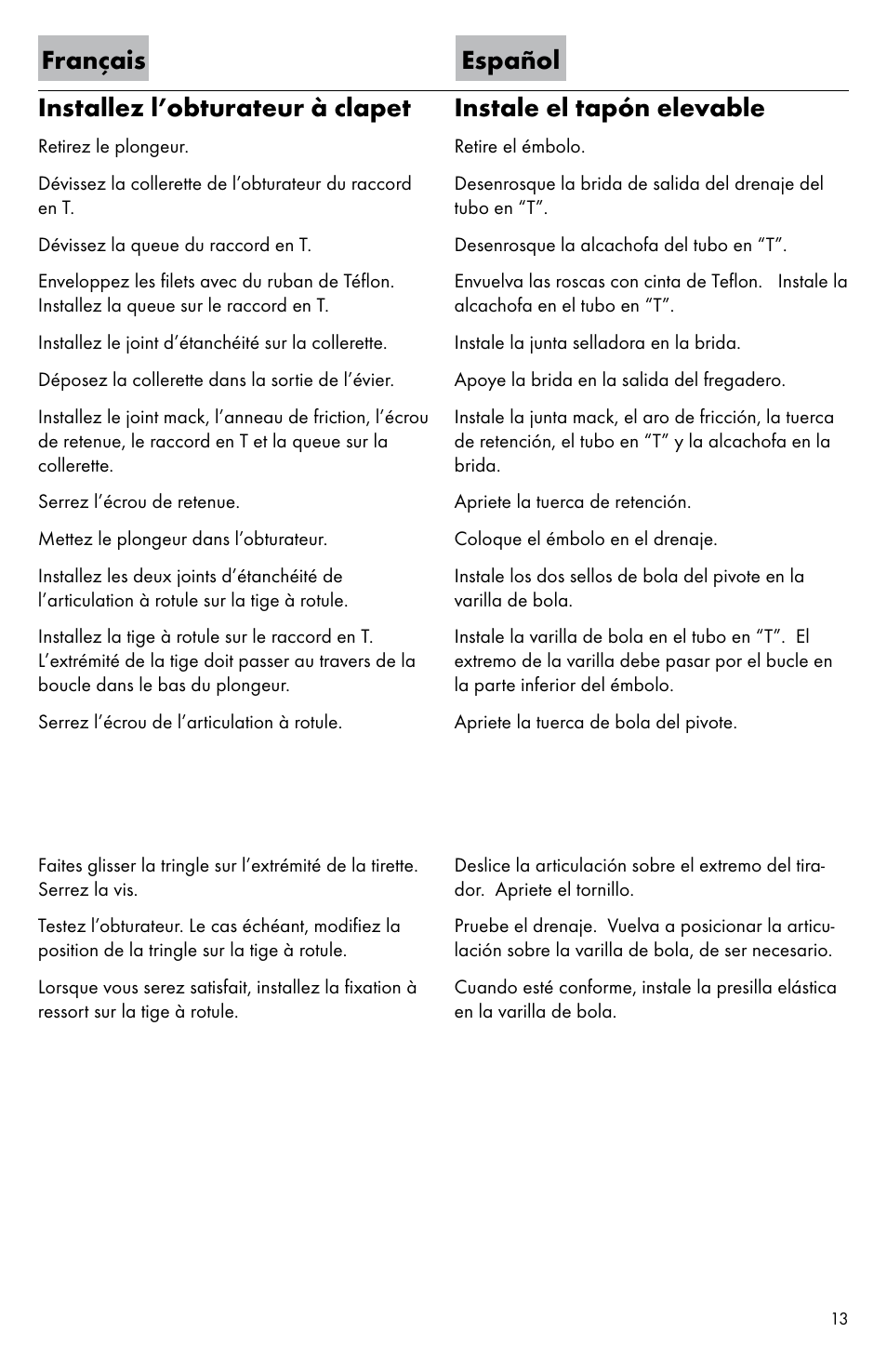 Français español installez l’obturateur à clapet, Instale el tapón elevable | Factory Direct Hardware Hansgrohe 31063 User Manual | Page 13 / 20