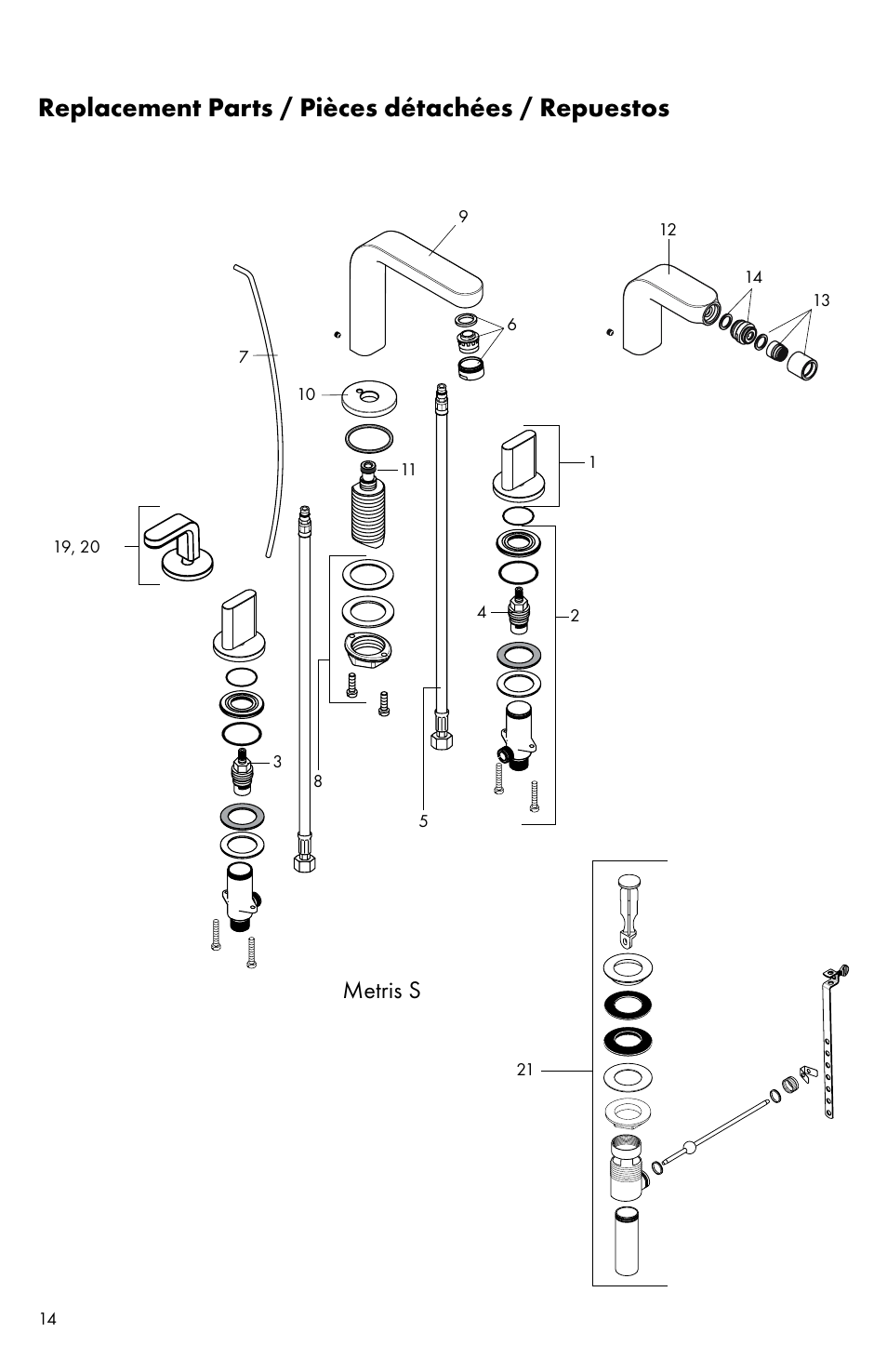 Replacement parts / pièces détachées / repuestos, Metris s | Factory Direct Hardware Hansgrohe 31063 User Manual | Page 14 / 20