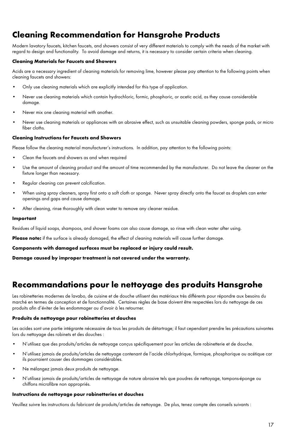Cleaning recommendation for hansgrohe products | Factory Direct Hardware Hansgrohe 31063 User Manual | Page 17 / 20