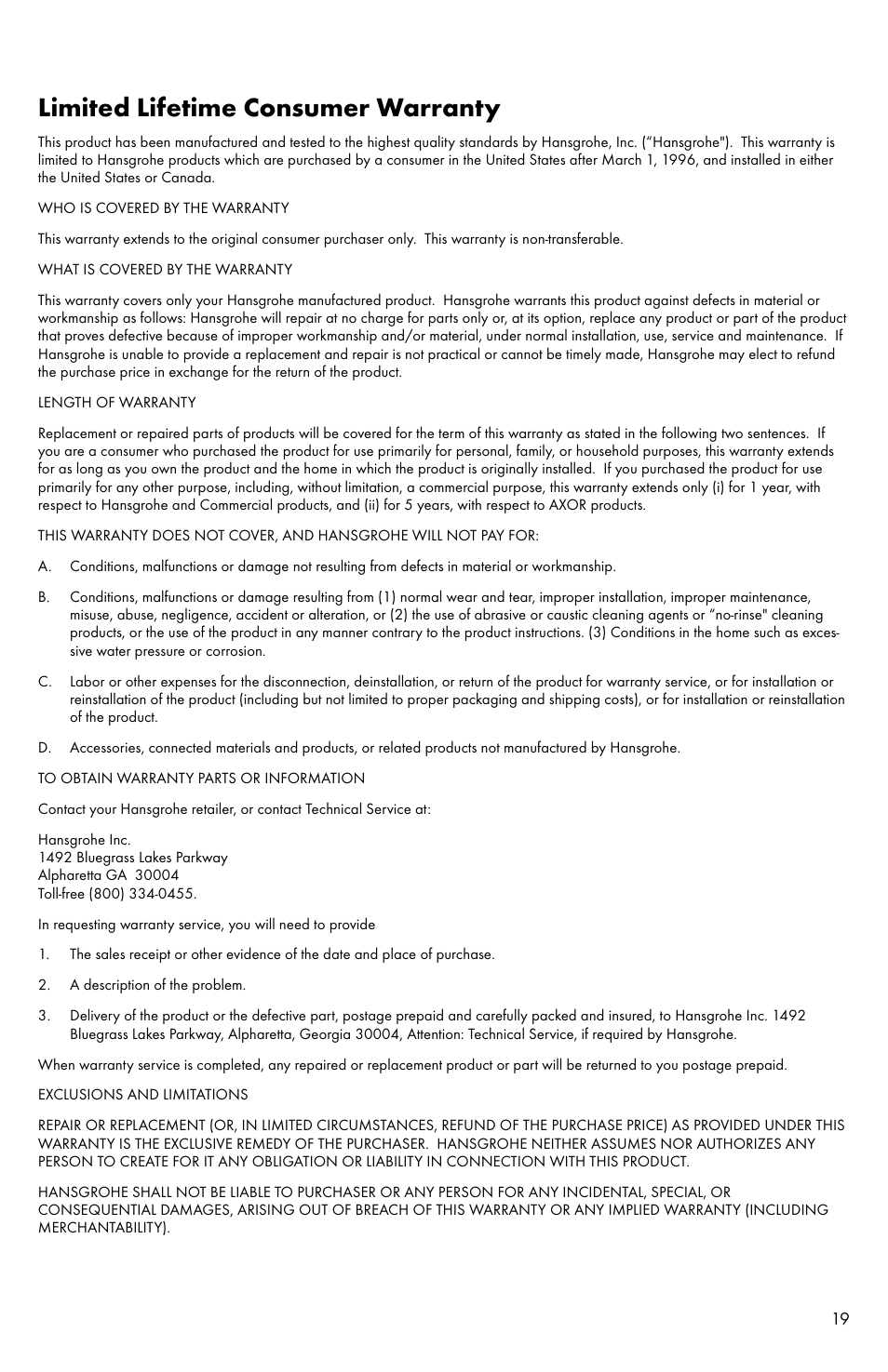 Limited lifetime consumer warranty | Factory Direct Hardware Hansgrohe 31063 User Manual | Page 19 / 20