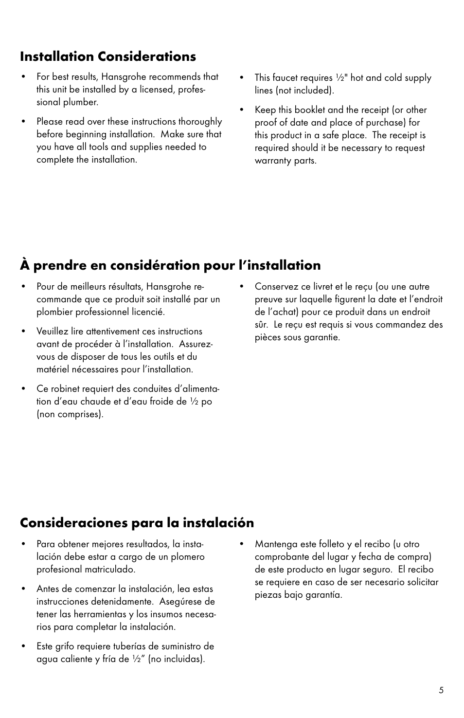 Installation considerations, À prendre en considération pour l’installation, Consideraciones para la instalación | Factory Direct Hardware Hansgrohe 31063 User Manual | Page 5 / 20