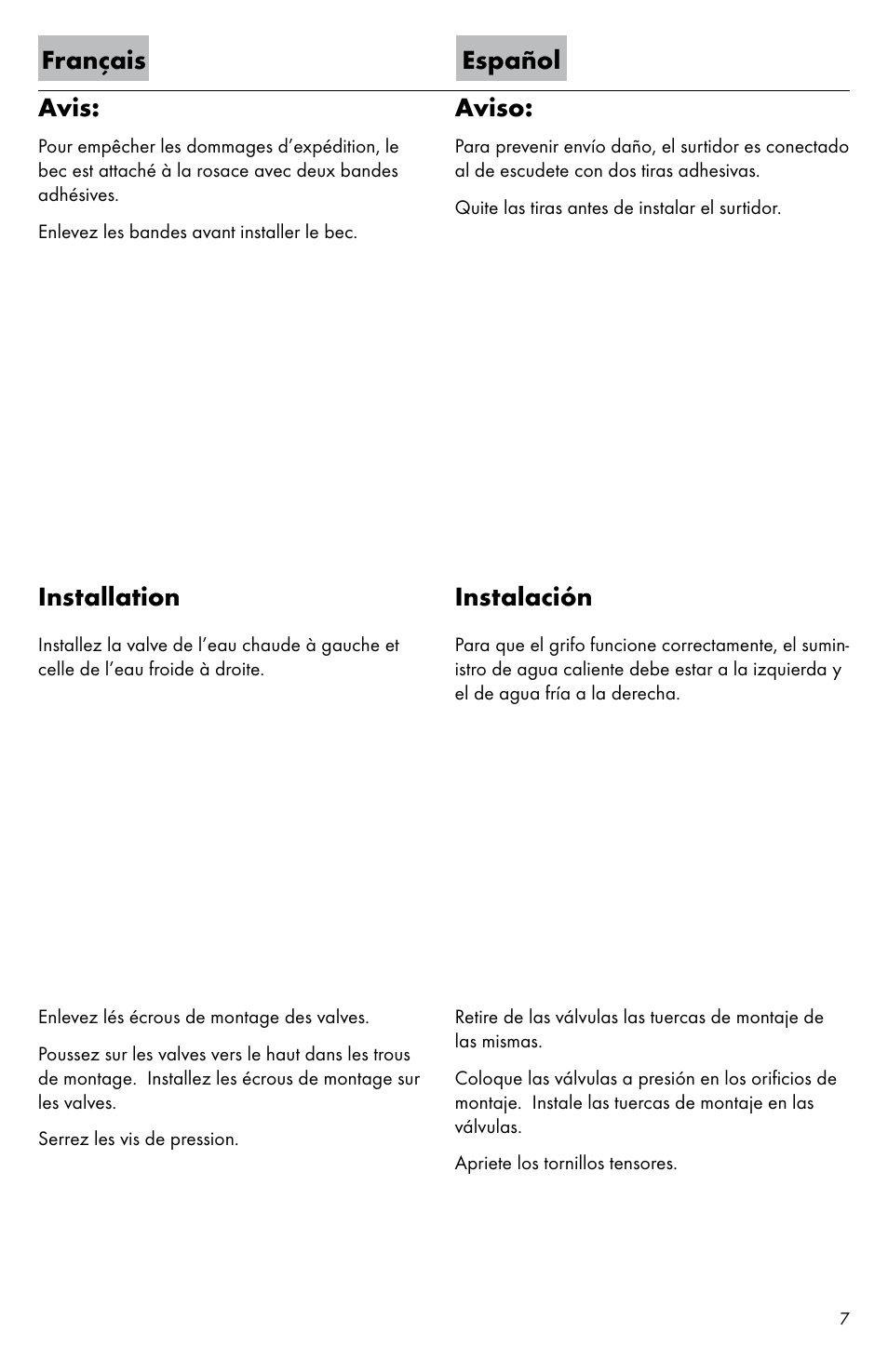 Français español avis, Installation aviso, Instalación | Factory Direct Hardware Hansgrohe 31063 User Manual | Page 7 / 20
