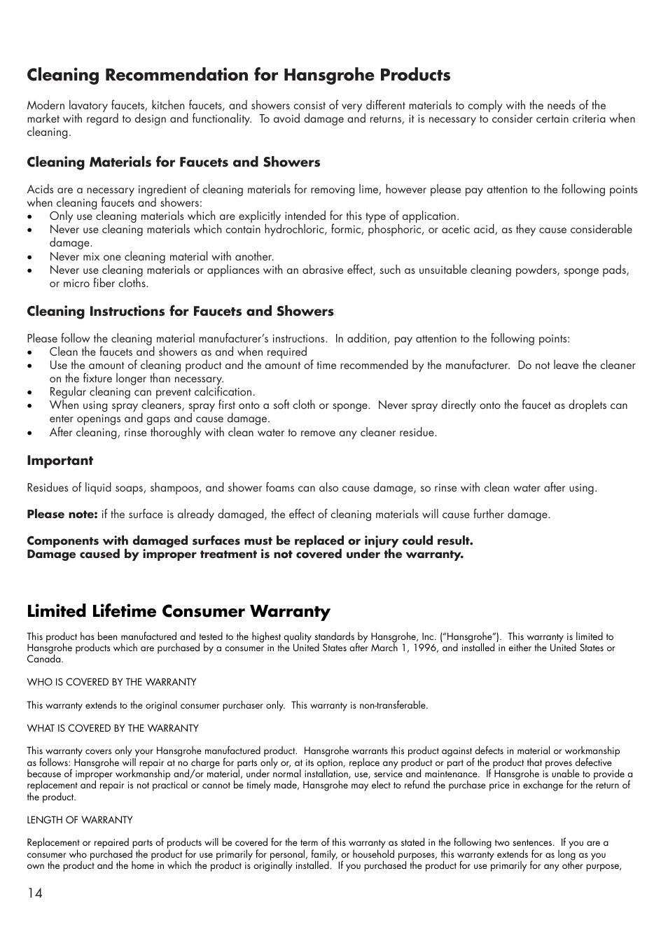 Limited lifetime consumer warranty, Cleaning recommendation for hansgrohe products | Factory Direct Hardware Hansgrohe 38117 User Manual | Page 14 / 16
