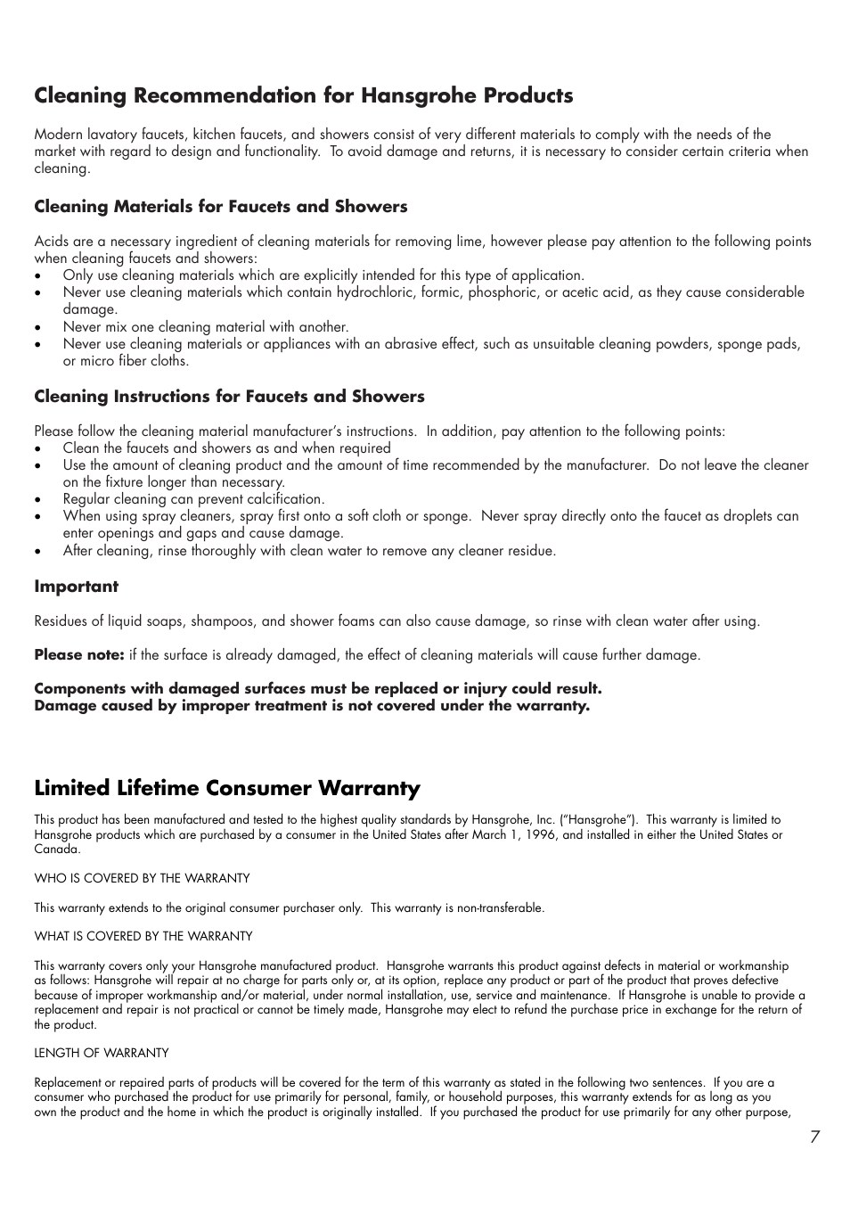 Limited lifetime consumer warranty, Cleaning recommendation for hansgrohe products | Factory Direct Hardware Hansgrohe 39135 User Manual | Page 7 / 8