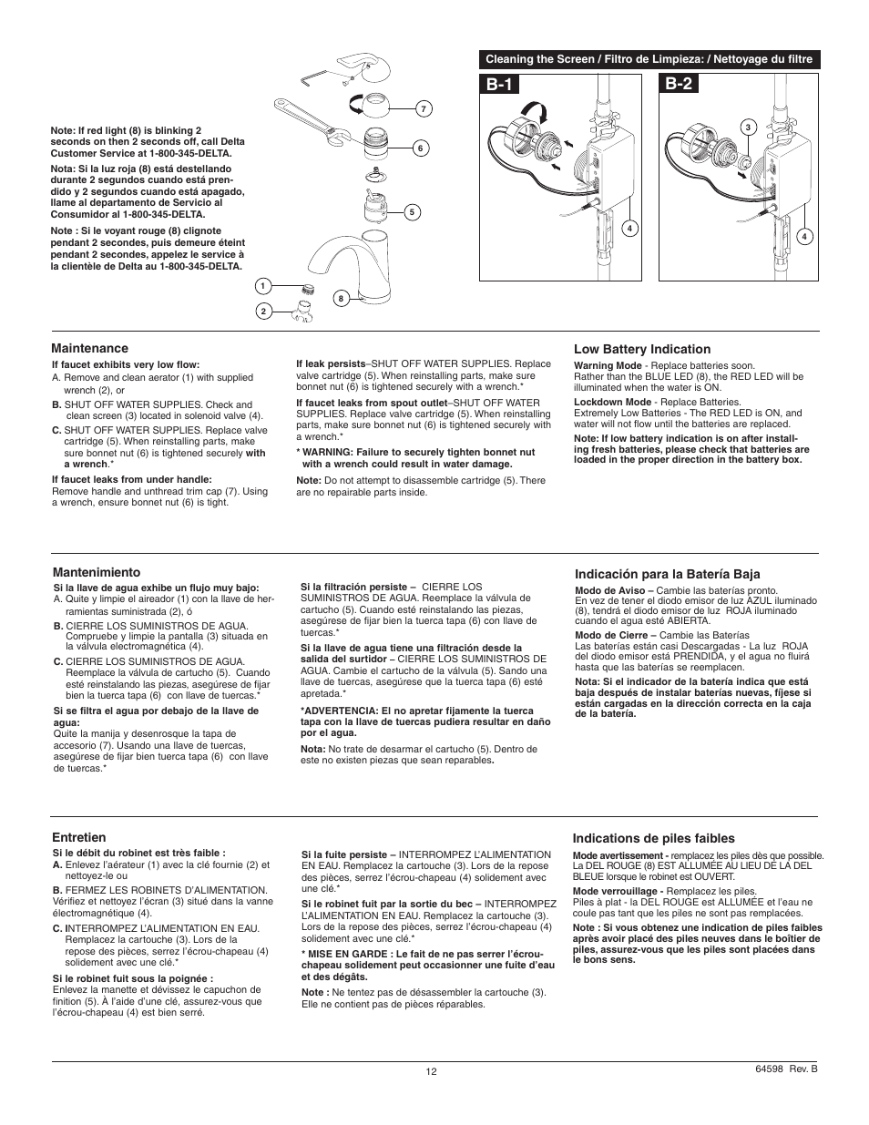 Maintenance low battery indication, Mantenimiento indicación para la batería baja, Entretien indications de piles faibles | Factory Direct Hardware Delta 15938T-DST User Manual | Page 12 / 12