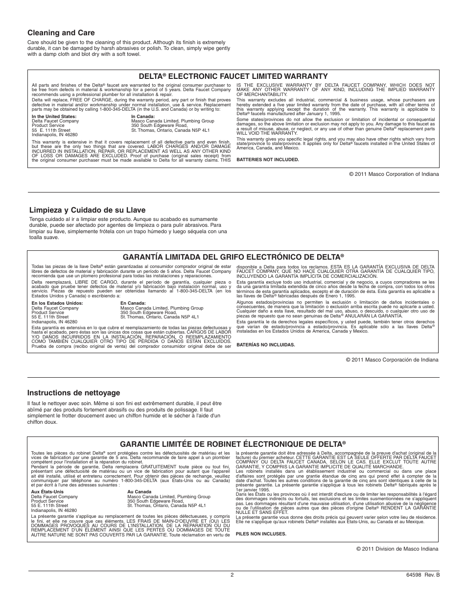 Delta, Electronic faucet limited warranty, Garantie limitée de robinet électronique de delta | Garantía limitada del grifo electrónico de delta, Cleaning and care, Instructions de nettoyage, Limpieza y cuidado de su llave | Factory Direct Hardware Delta 15938T-DST User Manual | Page 2 / 12