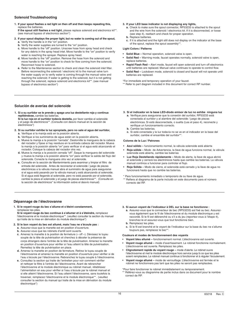 Solenoid troubleshooting, Solución de averías del solenoide, Dépannage de l’électrovanne | Factory Direct Hardware Delta 9192T-DST Addison User Manual | Page 16 / 16