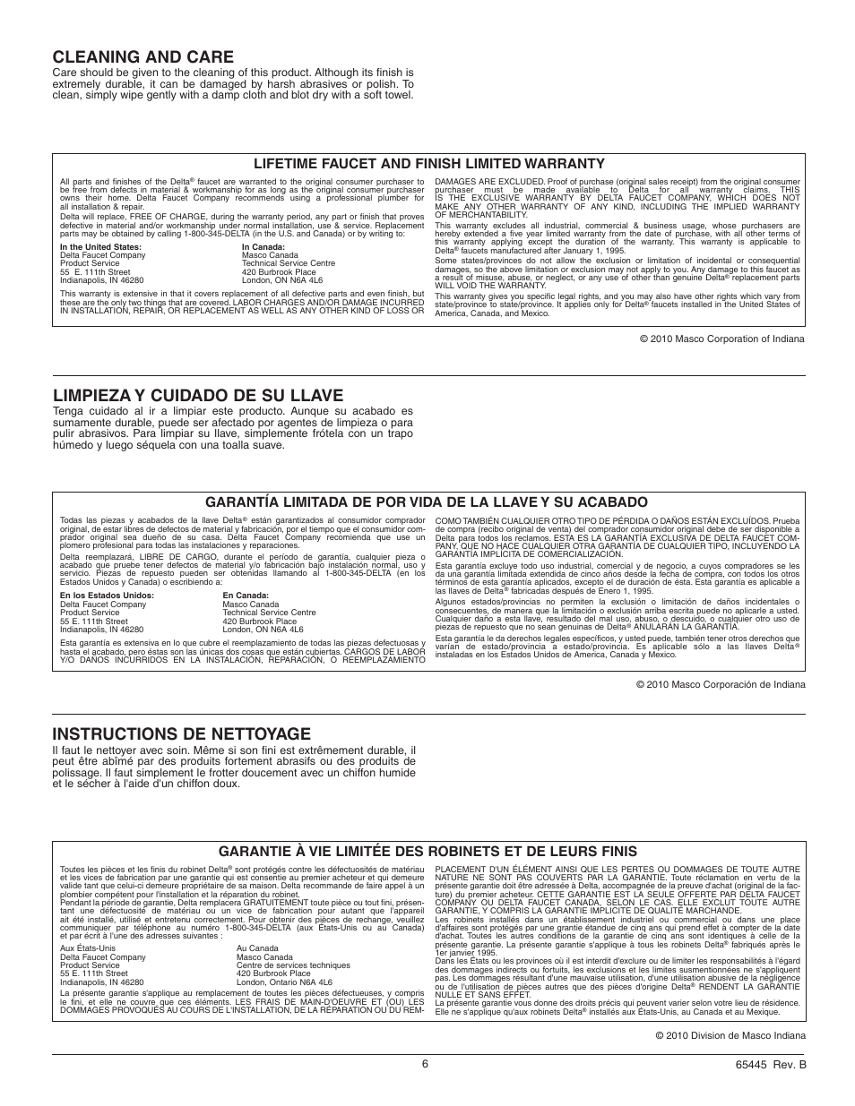 Cleaning and care, Instructions de nettoyage, Limpieza y cuidado de su llave | Lifetime faucet and finish limited warranty | Factory Direct Hardware Delta 21996LF Windemere User Manual | Page 6 / 6