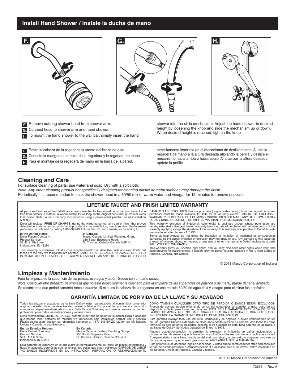 G. f, Cleaning and care, Limpieza y mantenimiento | Install hand shower / instale la ducha de mano, Lifetime faucet and finish limited warranty | Factory Direct Hardware Delta 55083 Universal User Manual | Page 4 / 4
