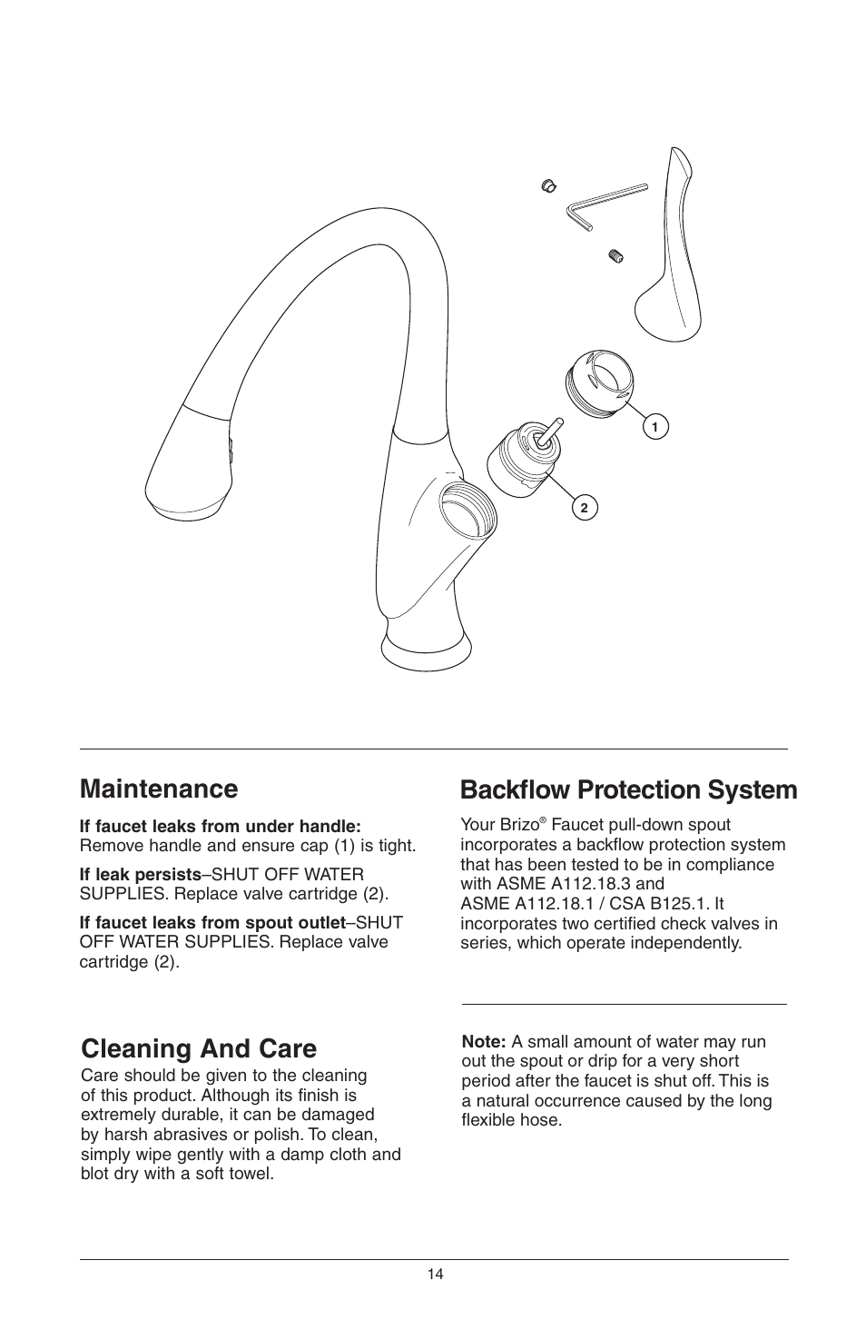Maintenance, Backflow protection system, Cleaning and care | Factory Direct Hardware Brizo 63052LF Belo User Manual | Page 14 / 44