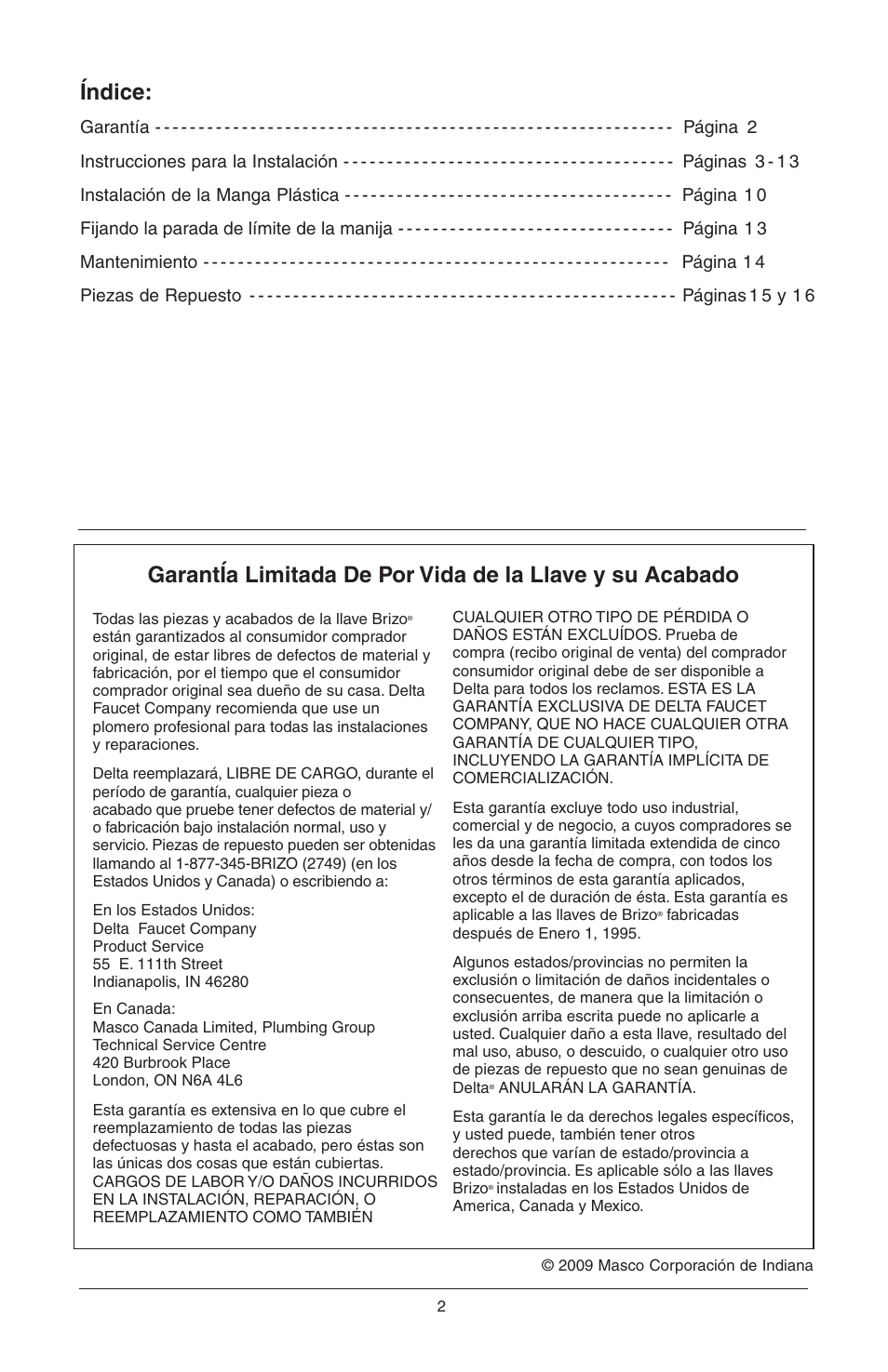 Índice | Factory Direct Hardware Brizo 63052LF Belo User Manual | Page 16 / 44
