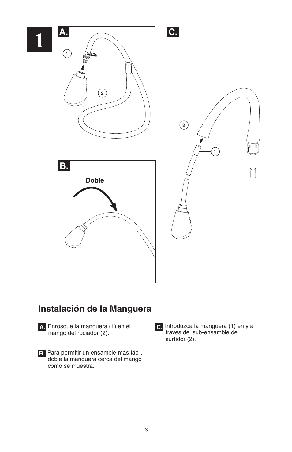 A. c, Instalación de la manguera | Factory Direct Hardware Brizo 63052LF Belo User Manual | Page 17 / 44