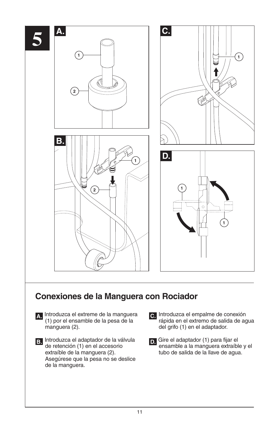 B. d, C. conexiones de la manguera con rociador, A. d | Factory Direct Hardware Brizo 63052LF Belo User Manual | Page 25 / 44