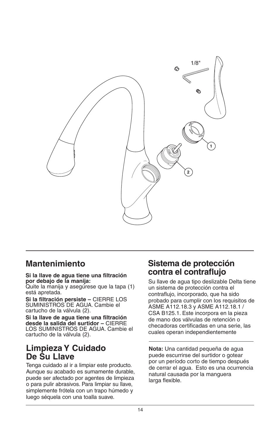Mantenimiento, Sistema de protección contra el contraflujo, Limpieza y cuidado de su llave | Factory Direct Hardware Brizo 63052LF Belo User Manual | Page 28 / 44