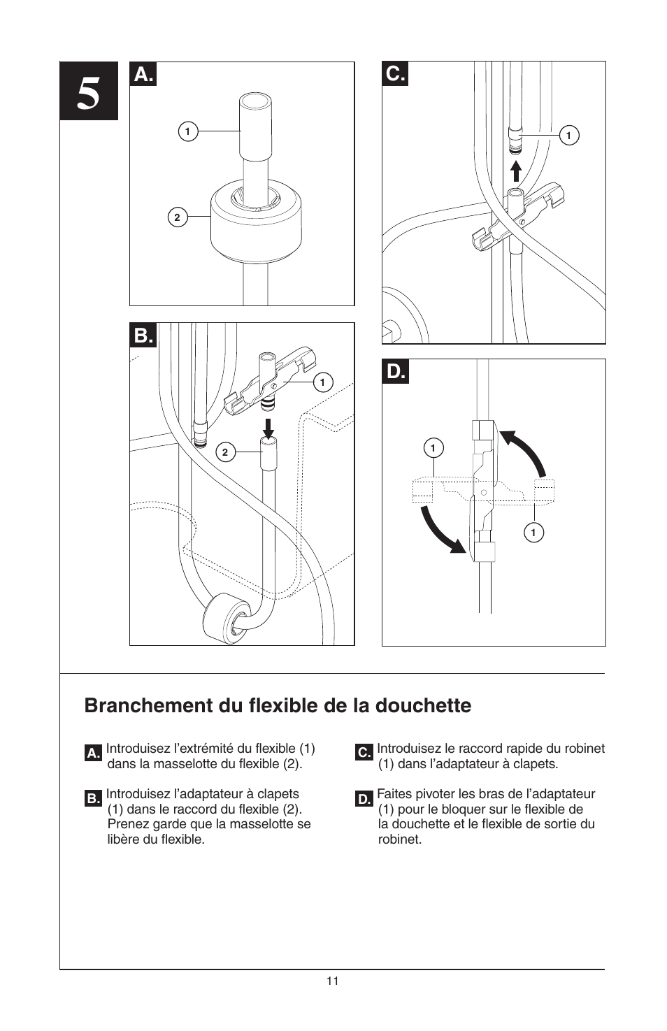 B. d, C. branchement du flexible de la douchette, A. d | Factory Direct Hardware Brizo 63052LF Belo User Manual | Page 39 / 44