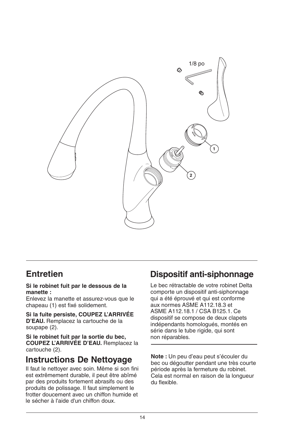 Entretien, Dispositif anti-siphonnage, Instructions de nettoyage | Factory Direct Hardware Brizo 63052LF Belo User Manual | Page 42 / 44