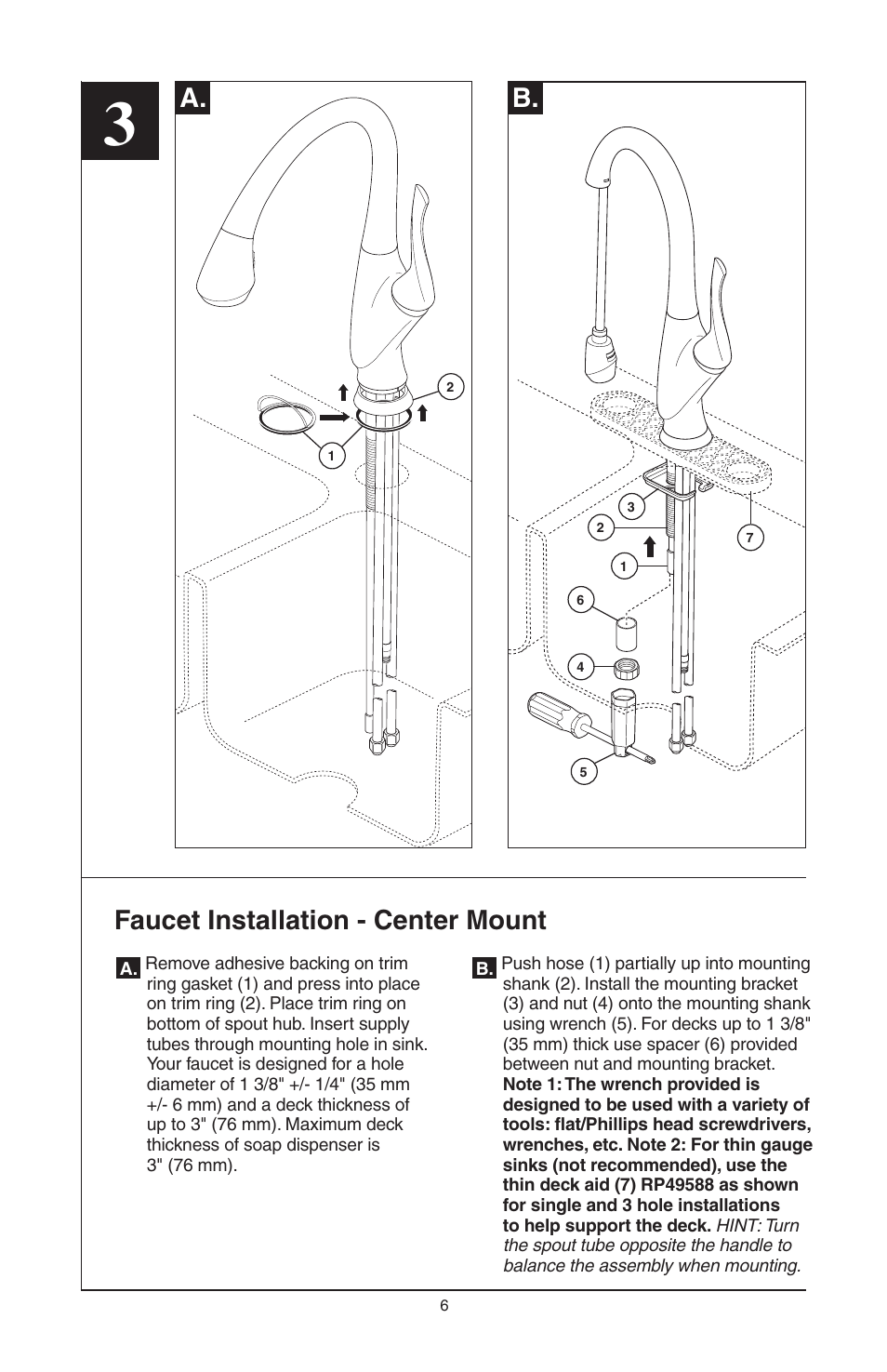 A. b, Faucet installation - center mount | Factory Direct Hardware Brizo 63052LF Belo User Manual | Page 6 / 44