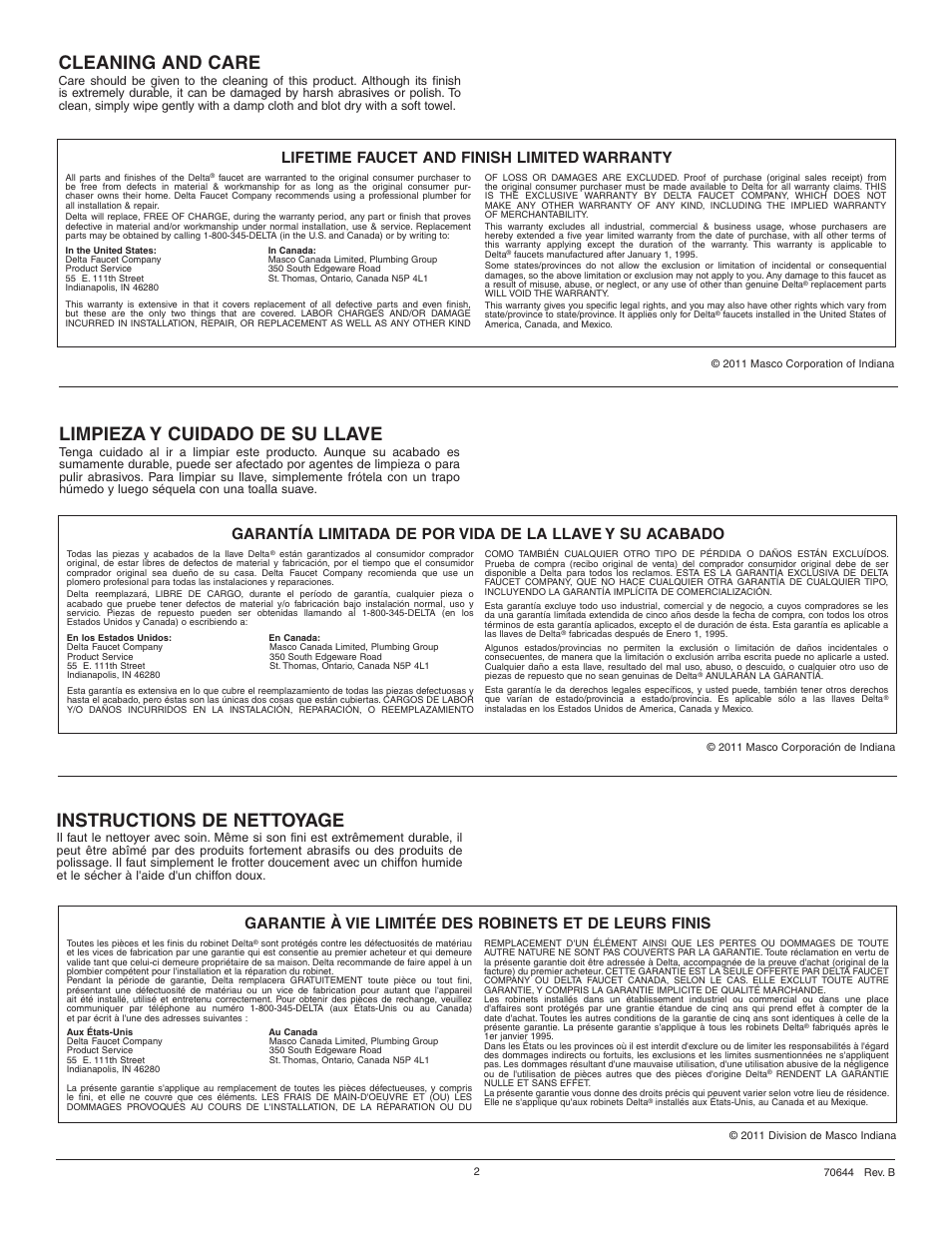 Cleaning and care, Instructions de nettoyage, Limpieza y cuidado de su llave | Lifetime faucet and finish limited warranty | Factory Direct Hardware Delta 3594-MPU-DST User Manual | Page 2 / 8