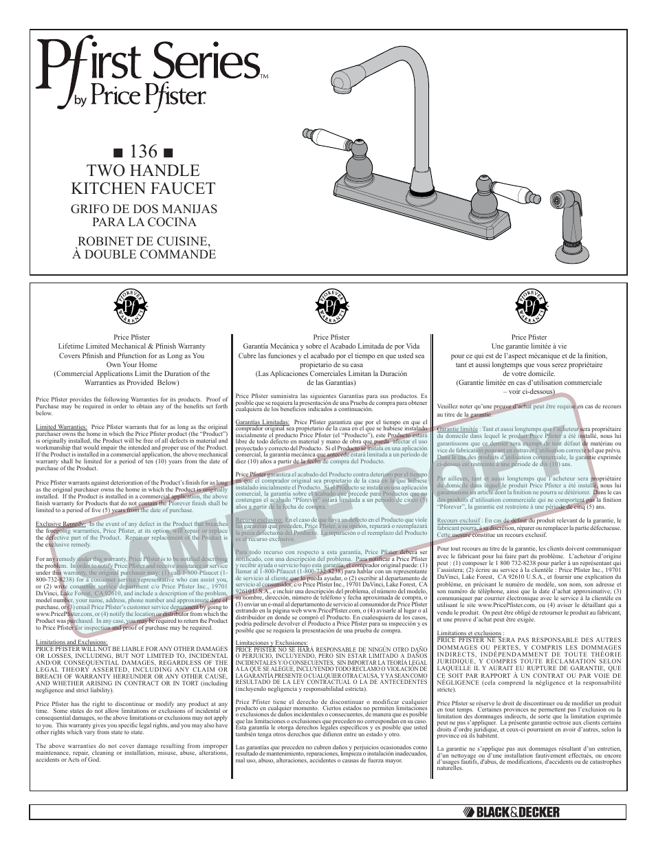 Factory Direct Hardware Pfister 136-400 Pfirst User Manual | 7 pages