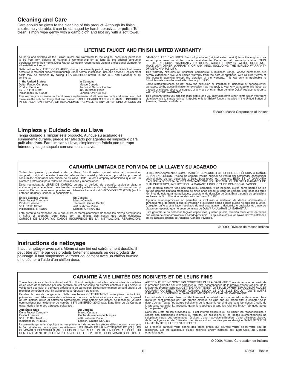 Cleaning and care, Instructions de nettoyage, Limpieza y cuidado de su llave | Lifetime faucet and finish limited warranty | Factory Direct Hardware Brizo 65430LF User Manual | Page 6 / 6