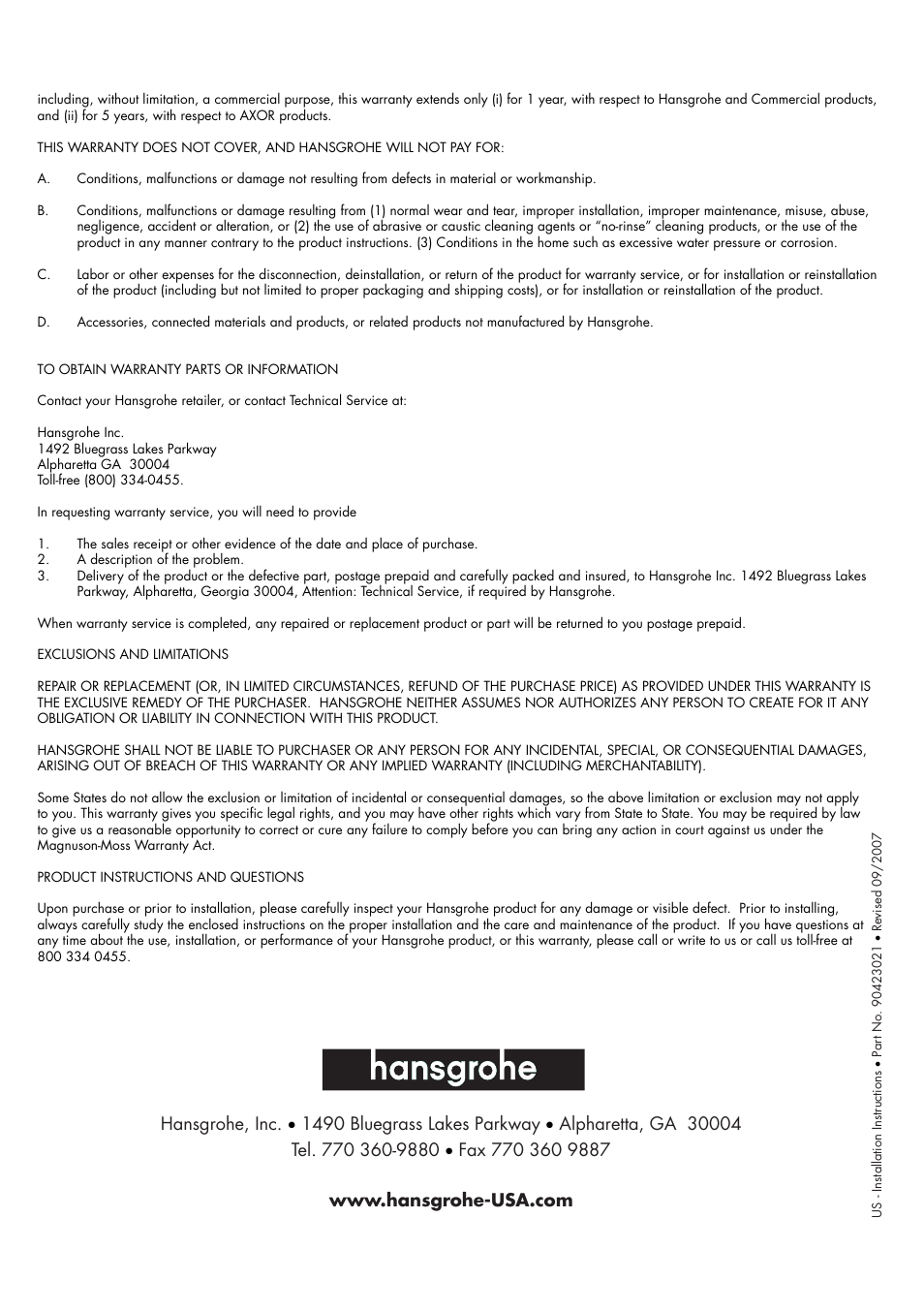 Factory Direct Hardware Hansgrohe 10175001 User Manual | Page 16 / 16