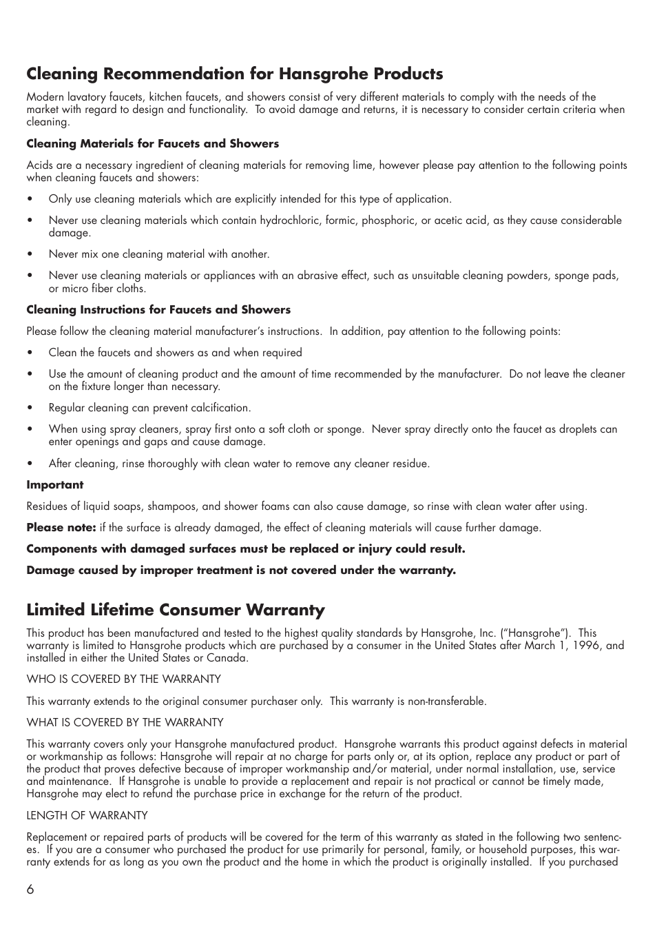 Limited lifetime consumer warranty, Cleaning recommendation for hansgrohe products | Factory Direct Hardware Hansgrohe 39882 Axor Citterio User Manual | Page 6 / 8