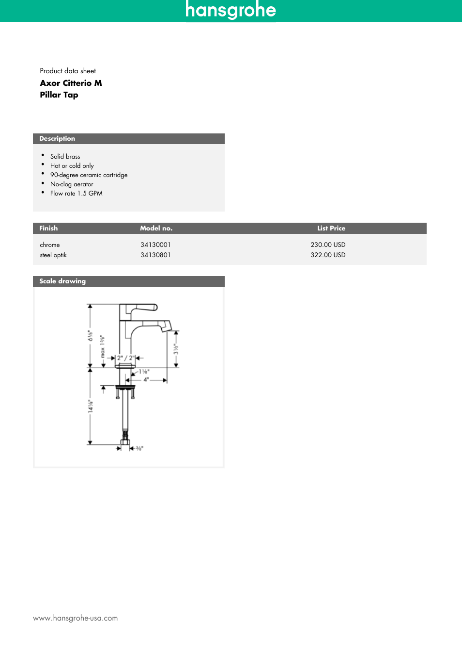 Factory Direct Hardware Hansgrohe 34130 Axor Citterio M User Manual | 1 page