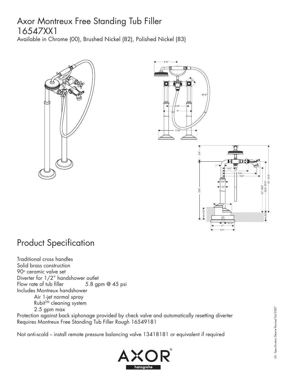 Factory Direct Hardware Hansgrohe 16547 Axor Montreux User Manual | 1 page