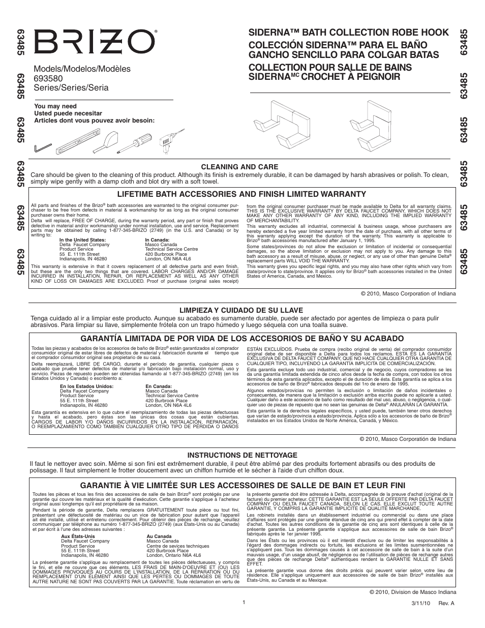 Factory Direct Hardware Brizo 693580 Siderna User Manual | 2 pages