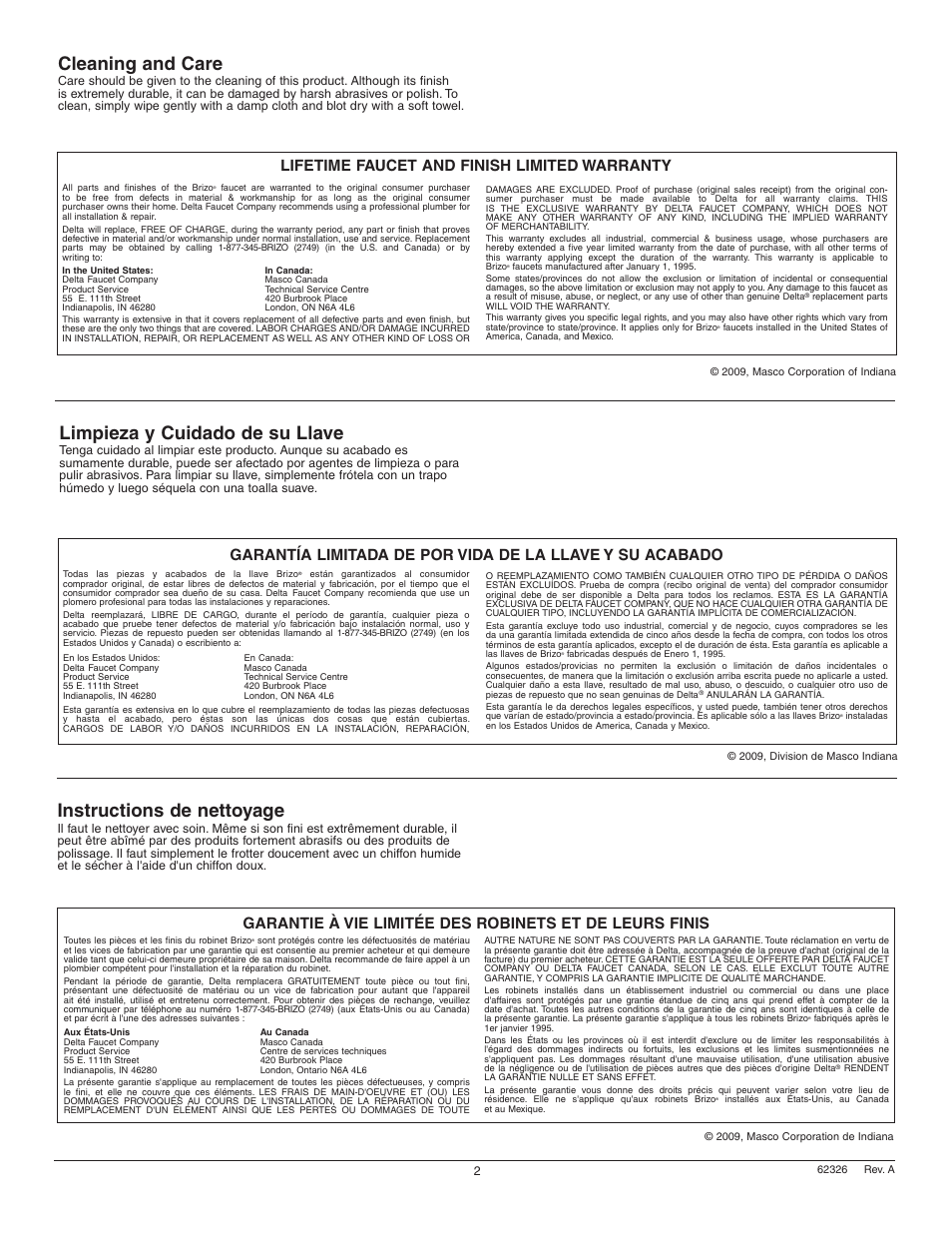 Cleaning and care, Instructions de nettoyage, Limpieza y cuidado de su llave | Lifetime faucet and finish limited warranty | Factory Direct Hardware Brizo 65505LF-LHP User Manual | Page 2 / 8