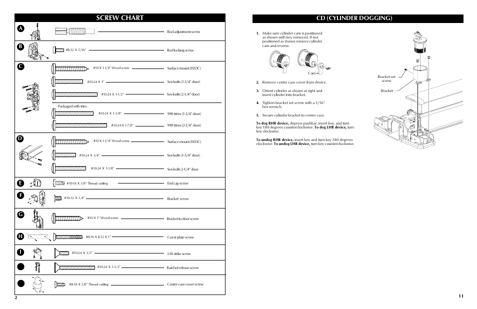 Screw chart, Cd (cylinder dogging), Ij k | Cd e g f | Factory Direct Hardware Von Duprin 9947WDCEOF User Manual | Page 2 / 6
