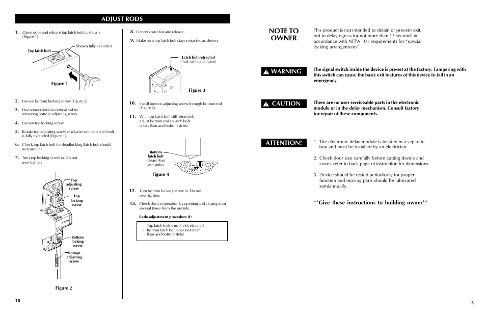 Adjust rods, Warning, Caution | Attention, Give these instructions to building owner | Factory Direct Hardware Von Duprin 9947WDCEOF User Manual | Page 3 / 6